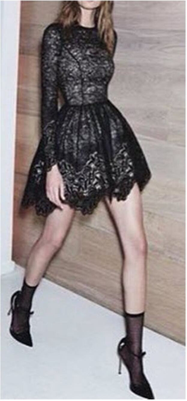 ALEXIS S Malin black lace long sleeve Flare mini Dress